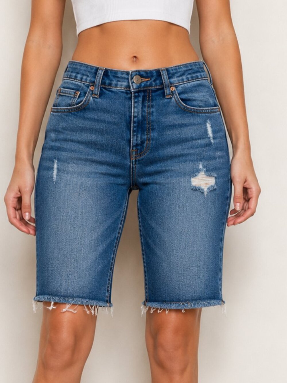 American Eagle Stretch Bermuda Denim Shorts Women Size 4 Medium Wash Raw Hem